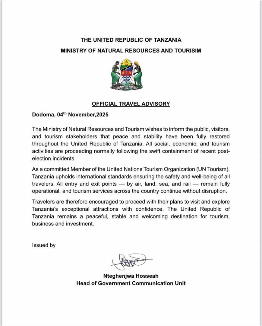 Official Travel Advisory – Ministry of Natural Resources and Tourism Tanzania, November 2025