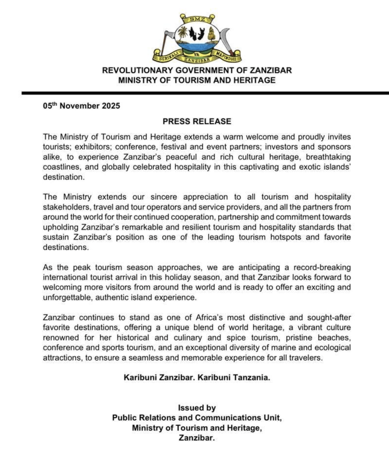 Official press release from the Zanzibar Ministry of Tourism and Heritage confirming that Zanzibar is safe and welcoming for tourists in 2025.