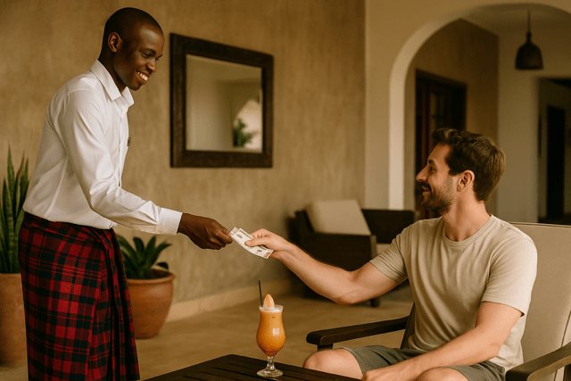 Guest giving a Zanzibar tipping cash note to a waiter holding a cocktail at a tropical resort