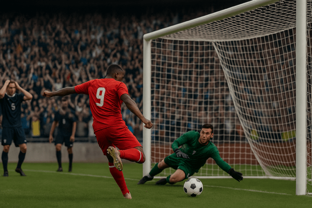 Striker in a red jersey shooting a goal past the goalkeeper during a football match, symbolizing the excitement of AFCON 2027 in Zanzibar