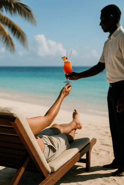 Waiter serving a tropical cocktail to a guest on a lounge chair by the ocean in Zanzibar