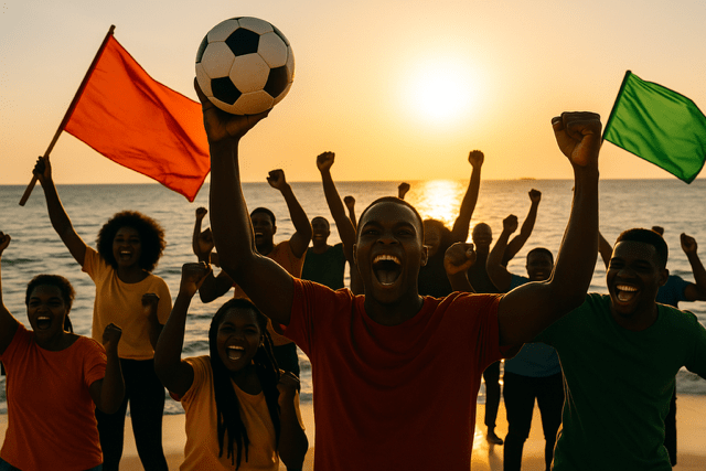 Football fans celebrating with flags and a ball on the beach at sunset in Zanzibar, symbolizing the passion for AFCON 2027