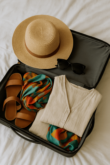 Packing tips for Zanzibar – hat, scarf, linen clothes, sandals and sunglasses in open suitcase